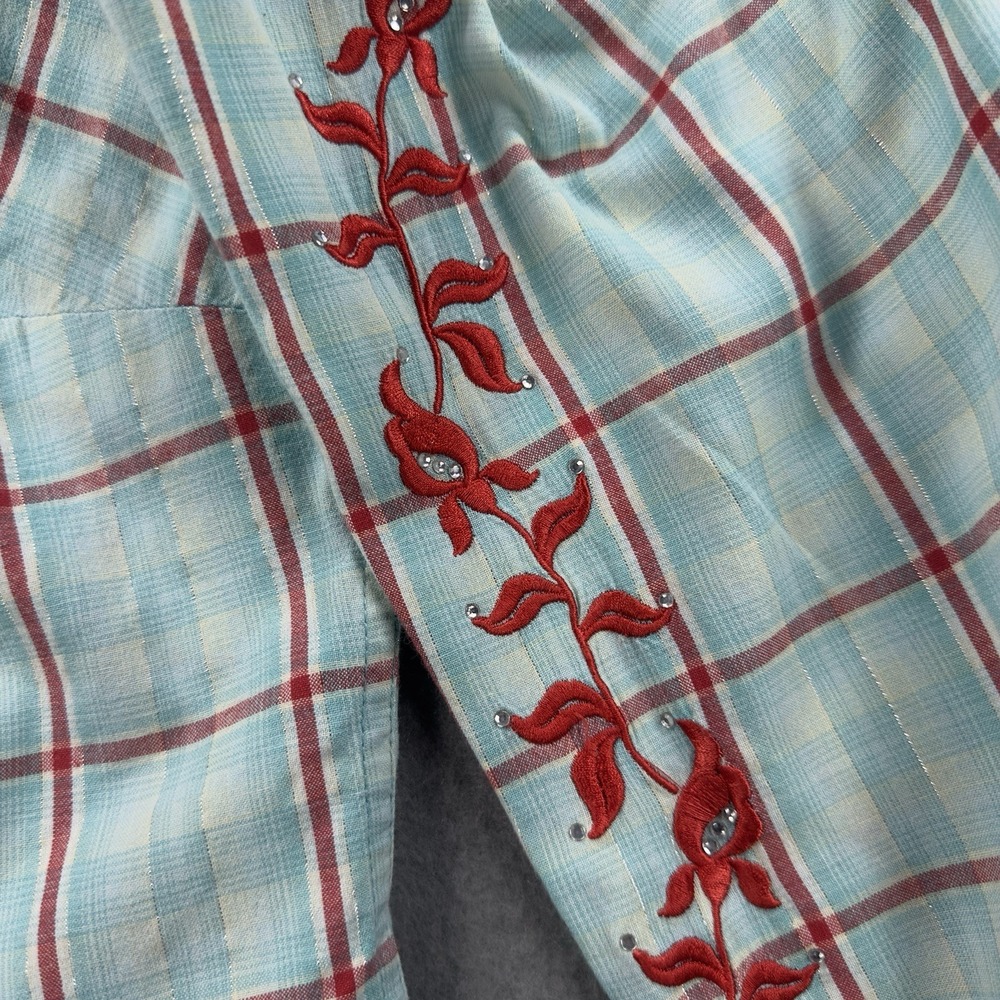 Panhandle Slim Western Shirt Women 1X Blue Plaid Lurex Rhinestone Embroidery - Picture 6 of 10